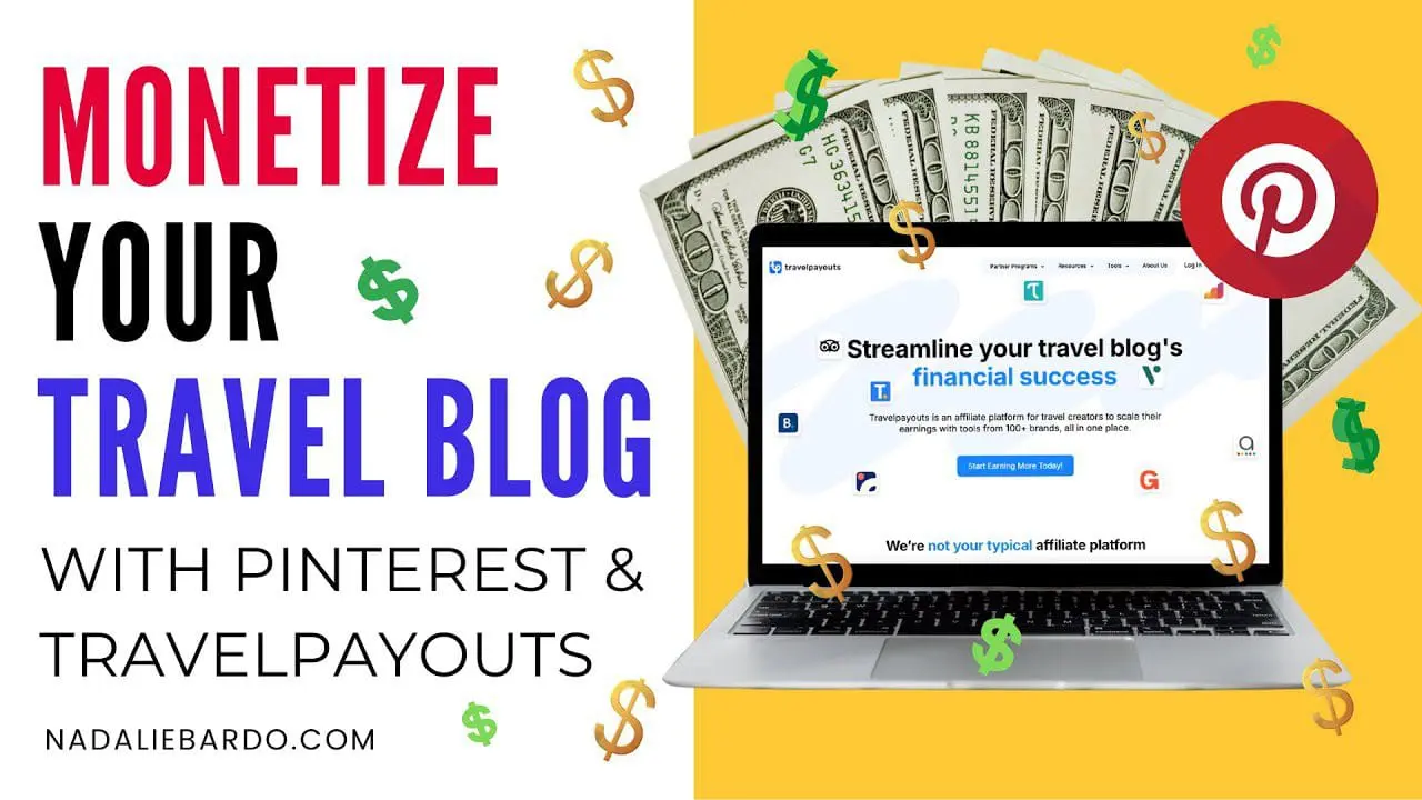 Photo of Laptop displaying a website about monetizing travel blogs with dollar signs in the background. | Wander Sober