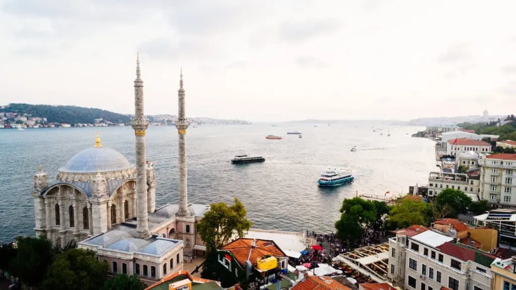 Photo of View of Ortaköy Mosque with the Bosphorus and boats in the background. | Wander Sober