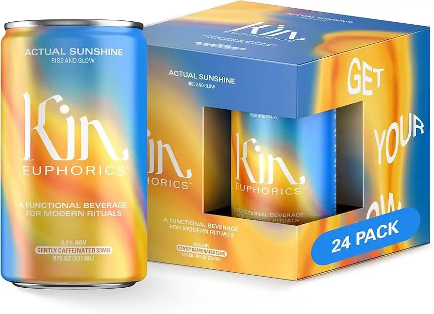 Photo of 24-pack of Kin Euphorics Actual Sunshine functional beverage cans with colorful packaging. | Wander Sober