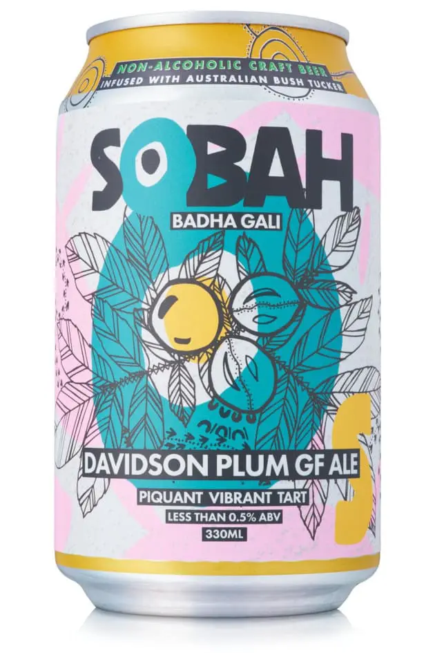 Photo of Can of Sobah Davidson Plum gluten-free ale featuring a colorful design with fruit and leaves. | Wander Sober