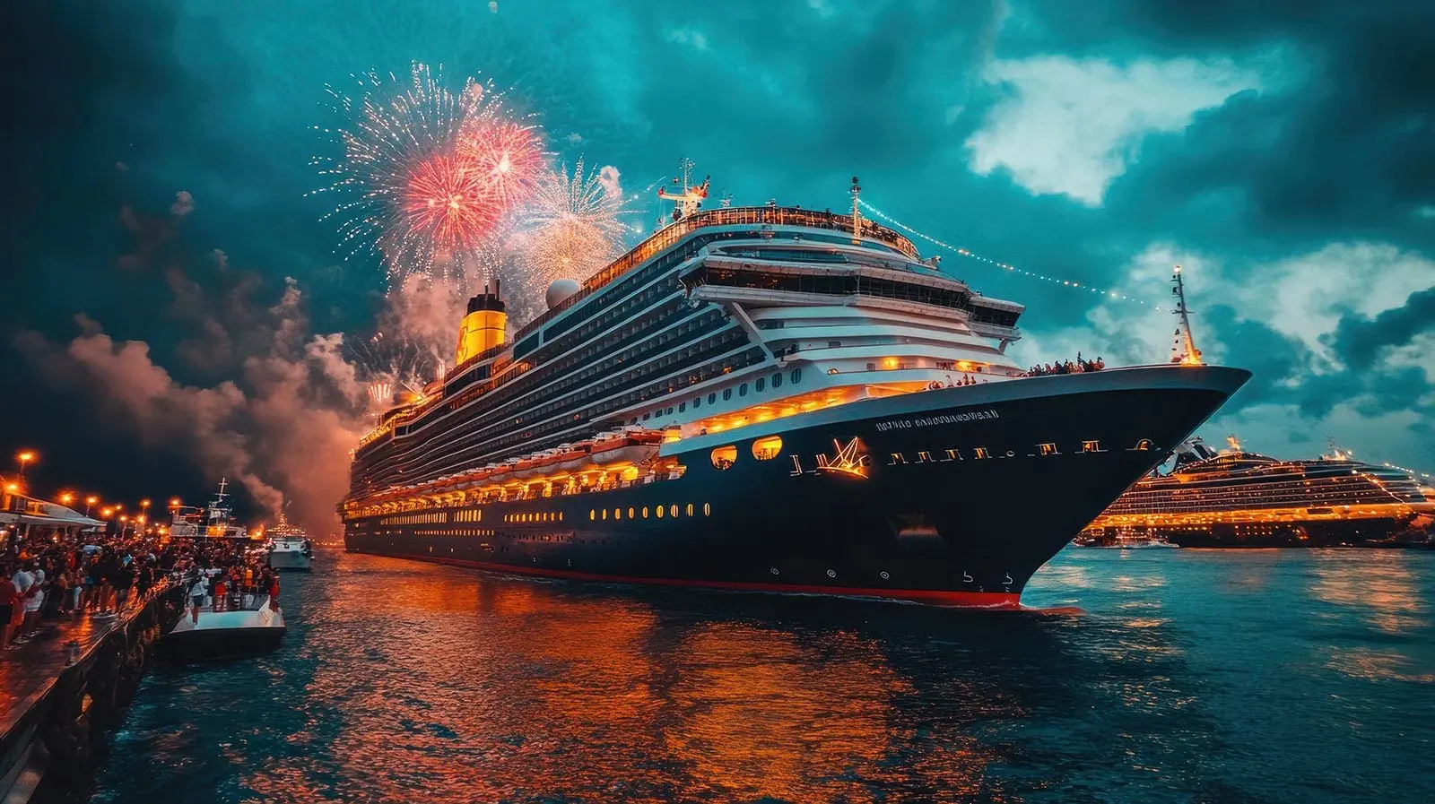 Photo of A large cruise ship illuminated at night with fireworks in the background over the water. | Wander Sober