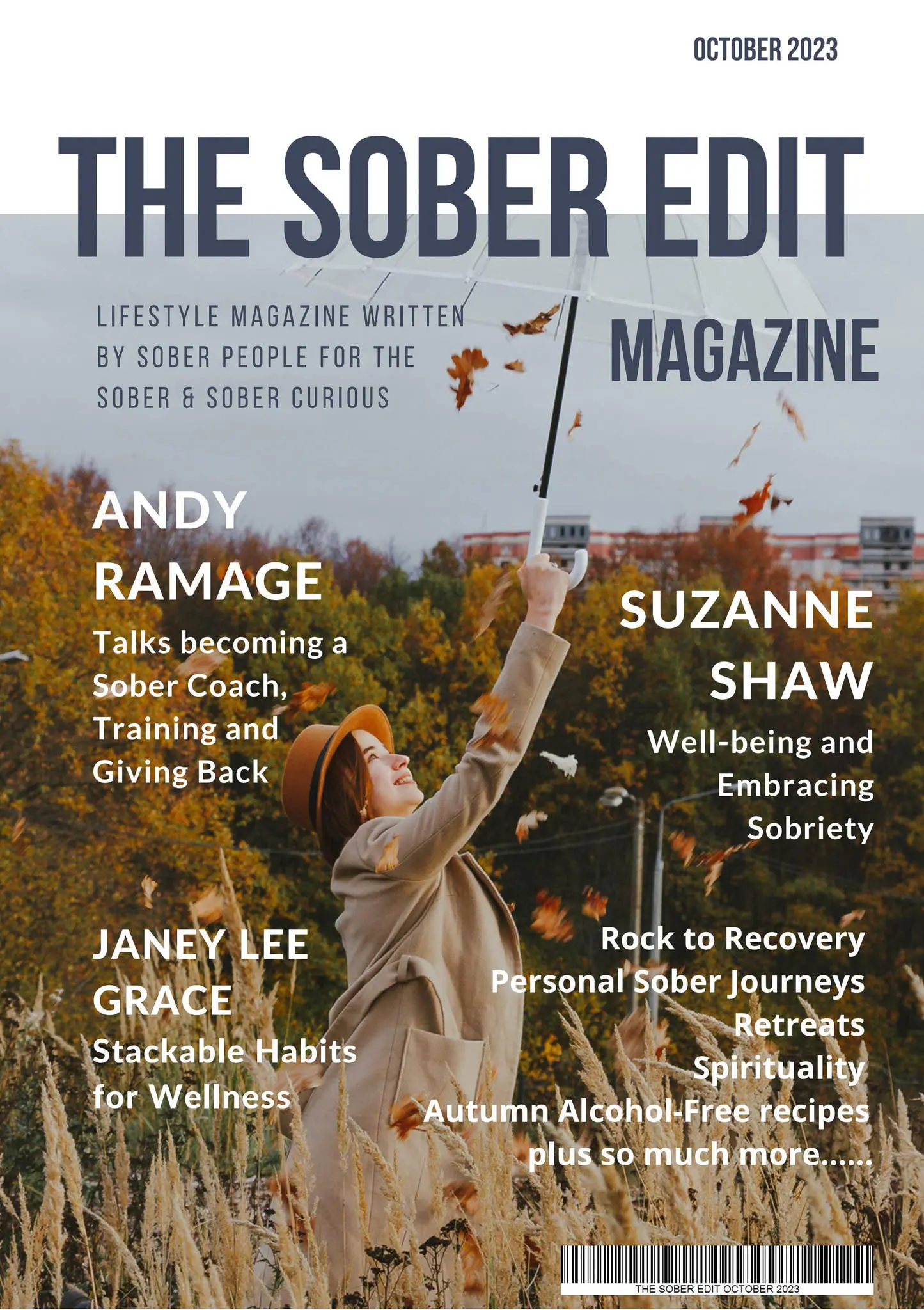 Photo of Cover of The Sober Edit magazine featuring a woman holding an umbrella against a blue background. | Wander Sober