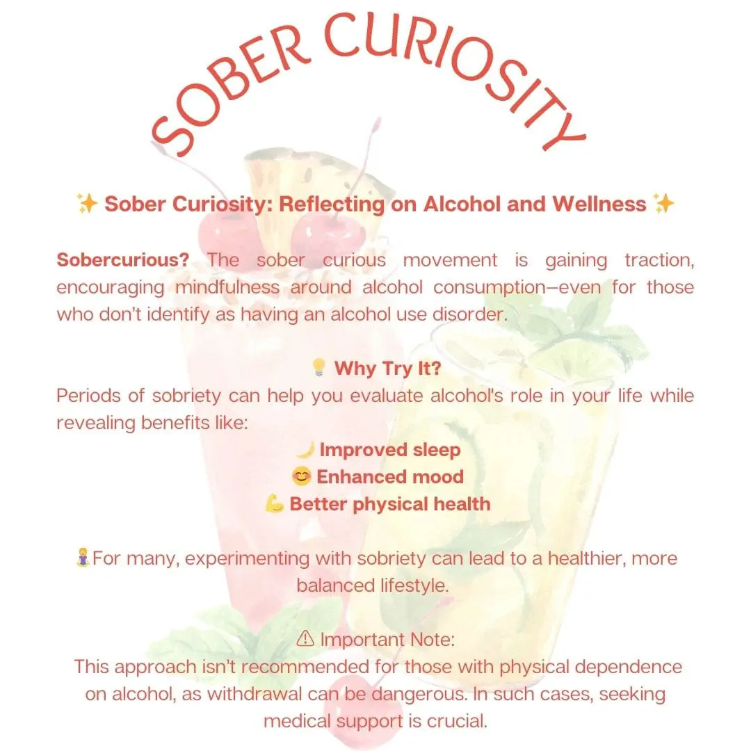 Photo of Infographic titled 'Sober Curiosity' discussing alcohol consumption and wellness benefits. | Wander Sober