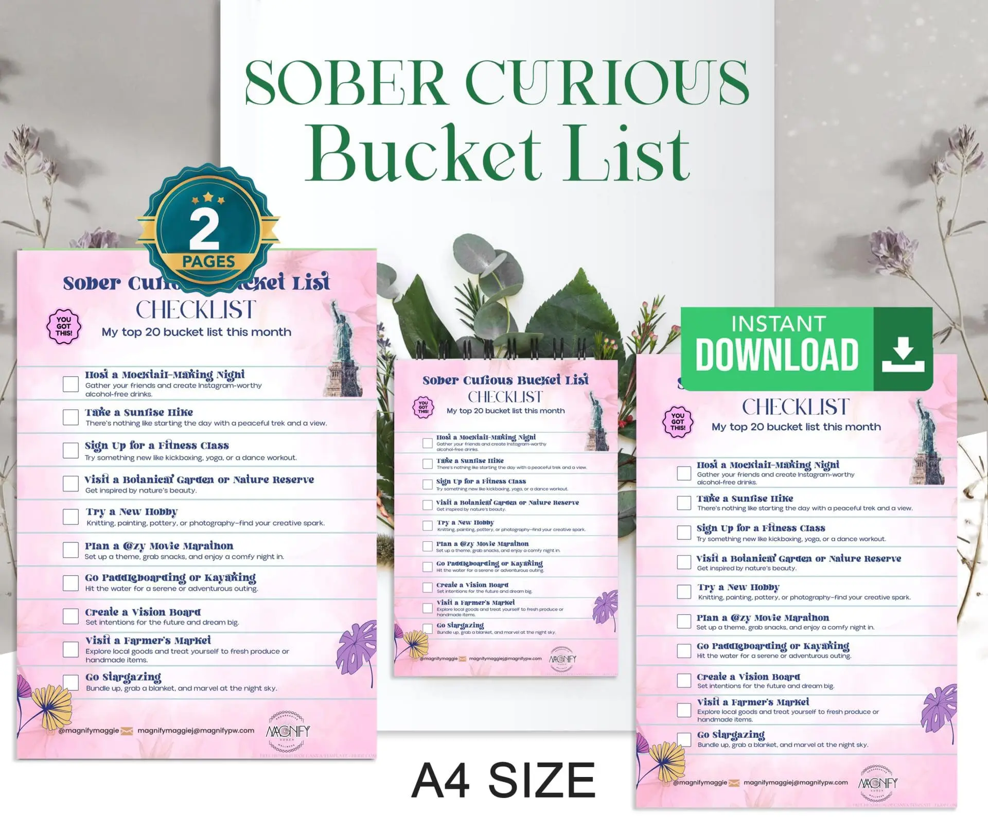 Photo of Two-page printable bucket list titled 'Sober Curious Bucket List' with various activities listed. | Wander Sober
