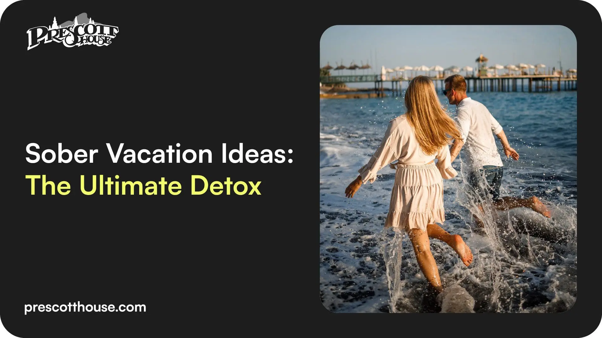 Photo of A couple walking along the shoreline, splashing water while enjoying a beach day. | Wander Sober