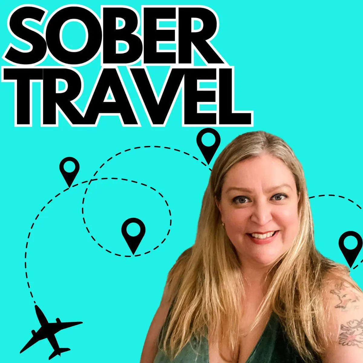 Photo of Woman with long blonde hair smiling in front of a turquoise background with travel icons and text 'Sober Travel'. | Wander Sober