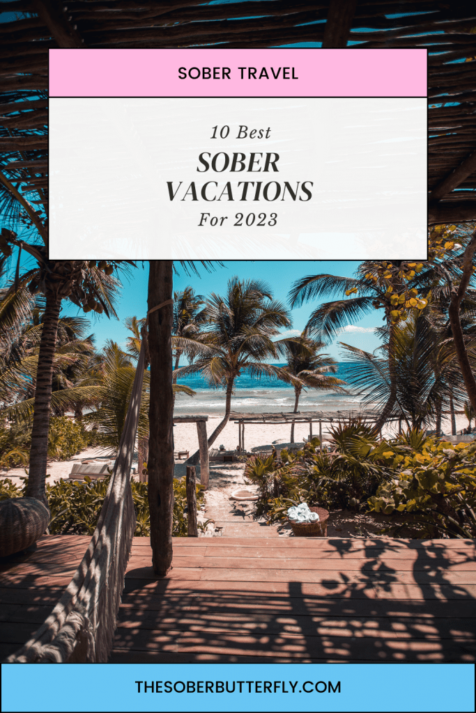 Photo of Cover image for an article titled '10 Best Sober Vacations for 2023' featuring a beach scene with palm trees. | Wander Sober