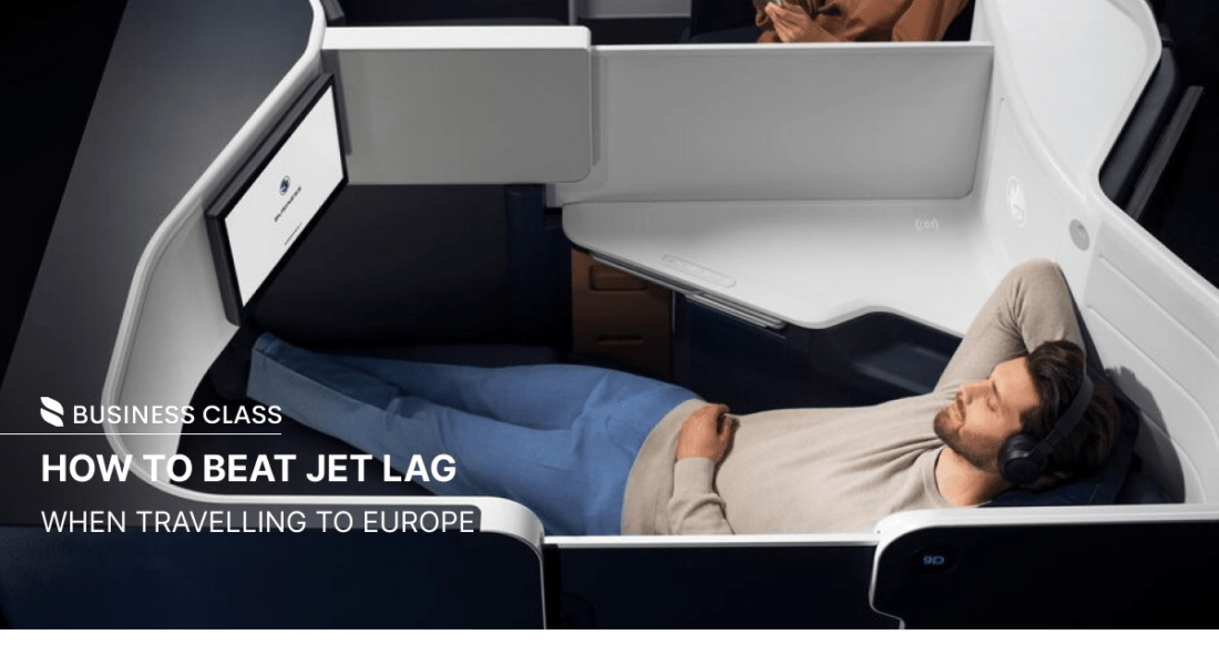 Photo of Passenger reclining in a business class airplane seat with headphones on, preparing for a flight. | Wander Sober