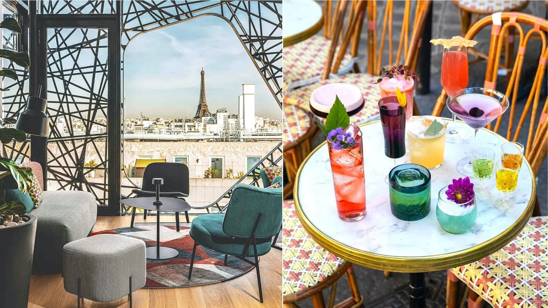 The Parisian Glow Without the Bordeaux in Sober Nights That Still Sparkle 1 Photo of Modern lounge area featuring a view of the Eiffel Tower and a table with colorful drinks. | Wander Sober