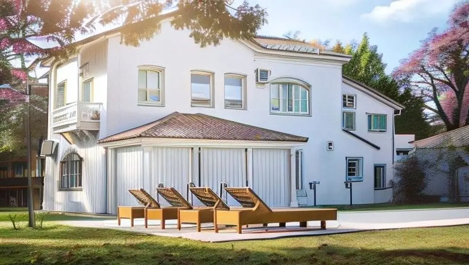 Photo of A white building with large windows and three lounge chairs positioned in front on a patio. | Wander Sober