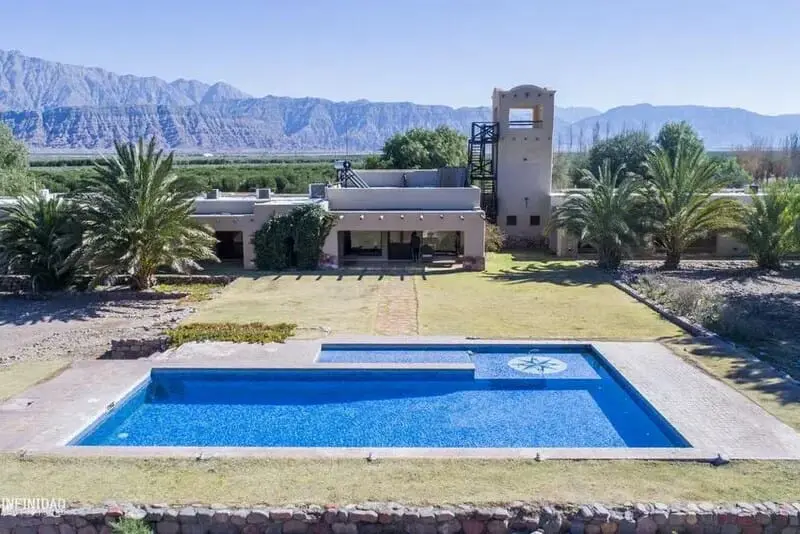Photo of Aerial view of a swimming pool surrounded by grass and palm trees in a residential area. | Wander Sober