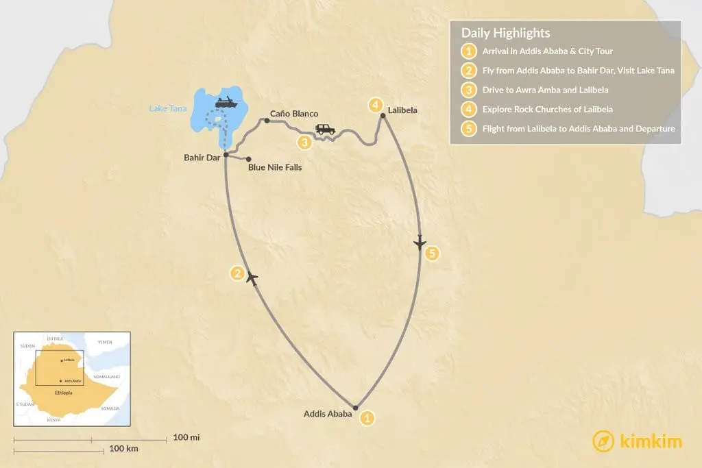Photo of Map showing daily highlights of a tour in Ethiopia, including major locations and routes. | Wander Sober