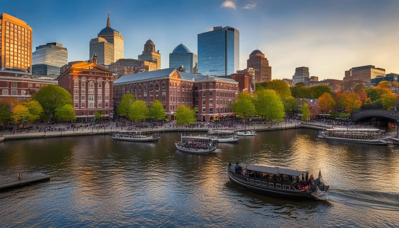 Photo of View of Rochester cityscape with boats on the water and buildings in the background during sunset. | Wander Sober