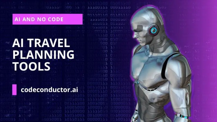 Photo of Graphic featuring a humanoid robot with headphones and digital background related to AI travel planning tools. | Wander Sober