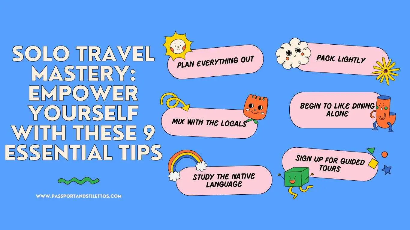 Photo of Graphic listing nine essential tips for solo travel, featuring colorful illustrations and text. | Wander Sober