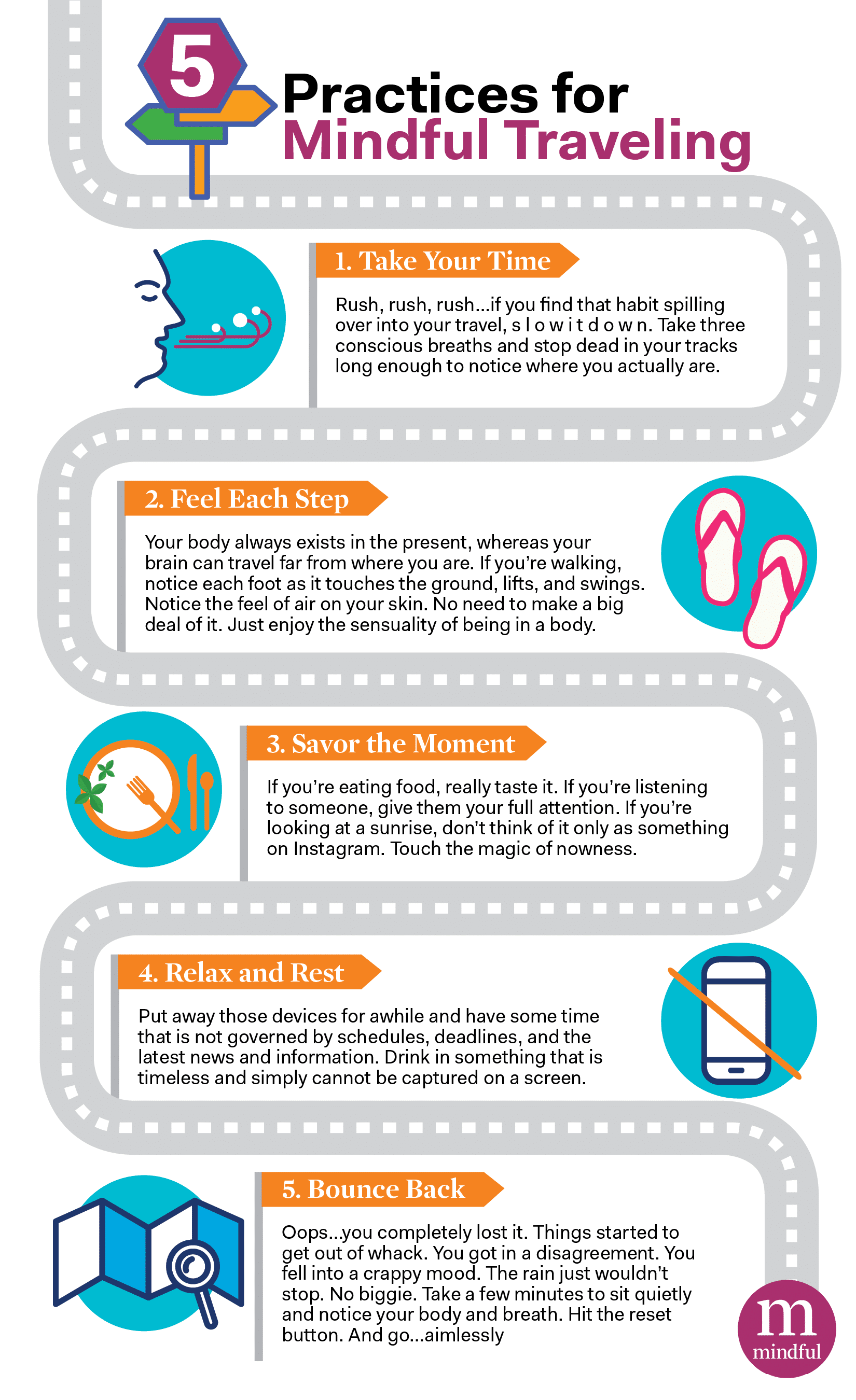 Photo of Infographic detailing five practices for mindful traveling, including tips on taking your time and savoring moments. | Wander Sober