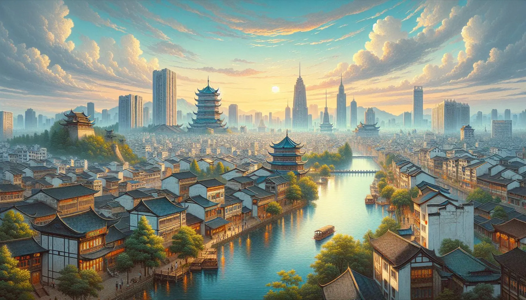 Photo of A panoramic view of a cityscape featuring a river, traditional buildings, and modern skyscrapers under a cloudy sky. | Wander Sober