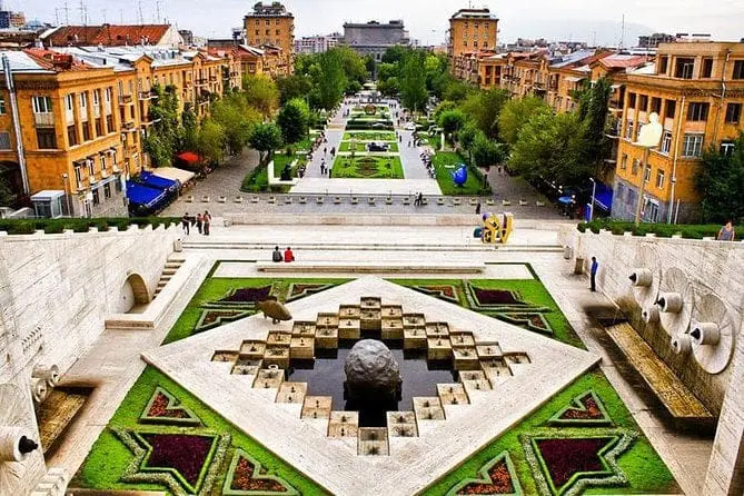 Photo of View of the Yerevan Cascade Complex with gardens and pathways in the foreground. | Wander Sober