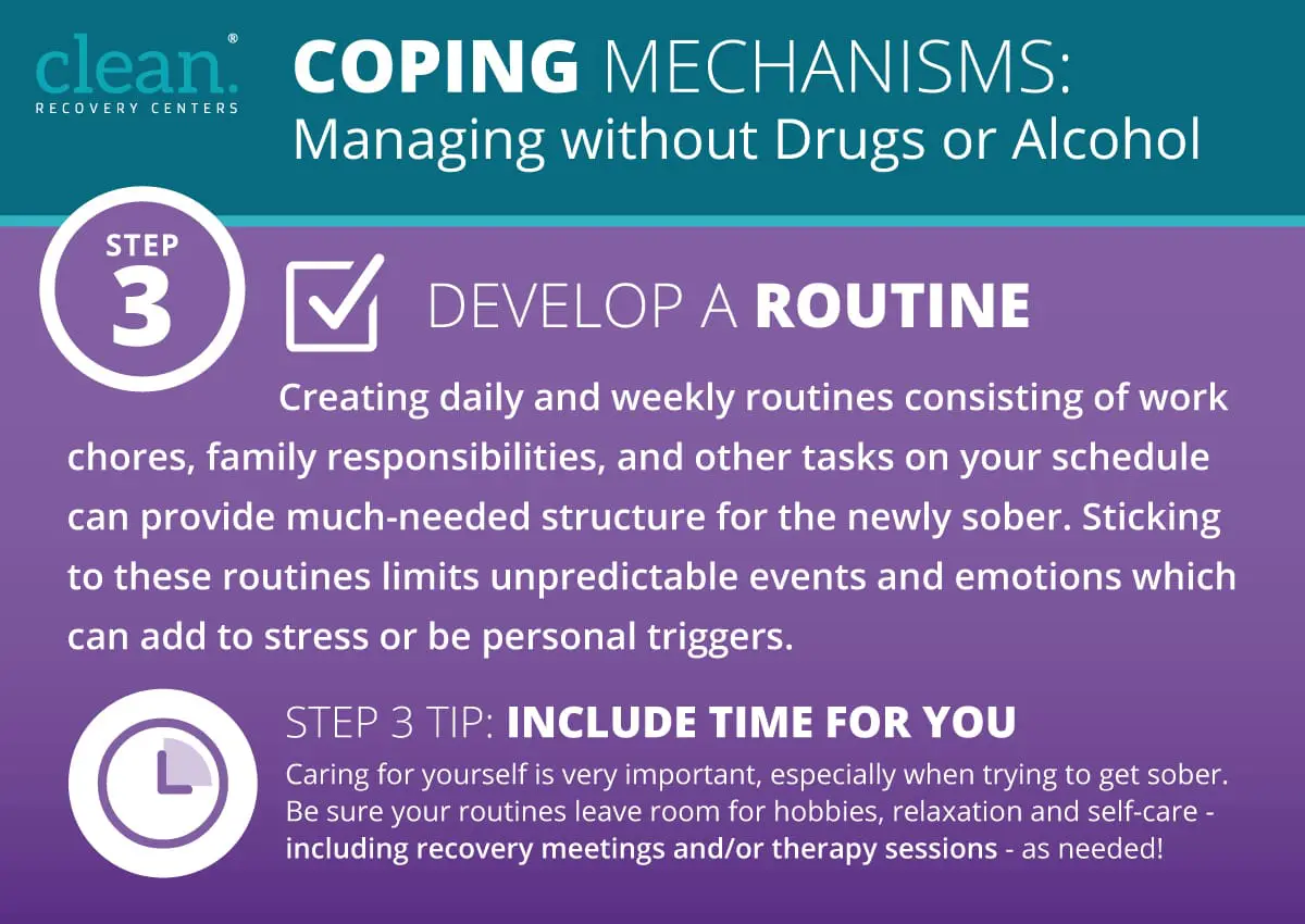 Photo of Infographic outlining coping mechanisms for managing without drugs or alcohol, including developing a routine. | Wander Sober