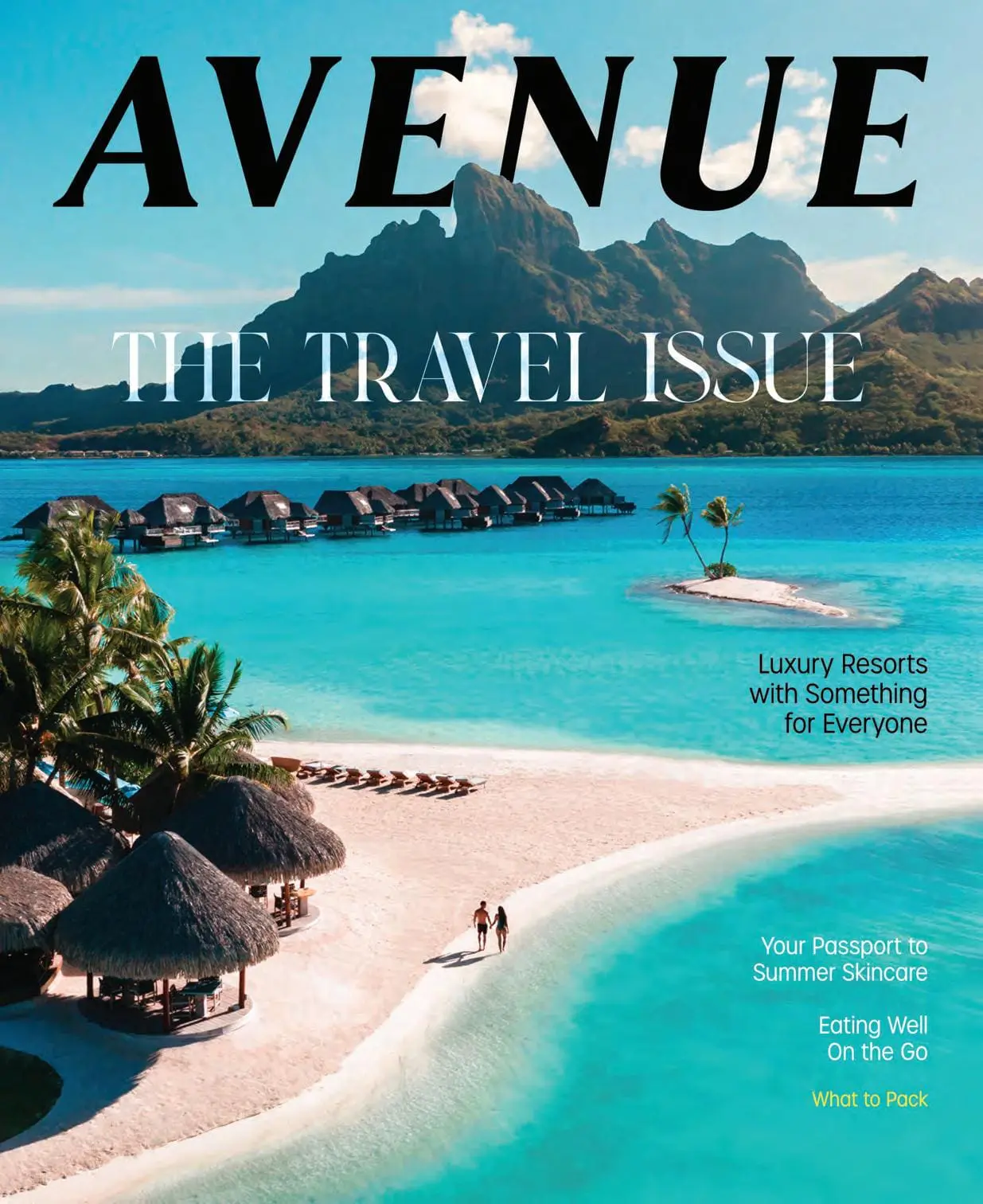 Photo of Magazine cover featuring a tropical beach with overwater bungalows and mountains in the background. | Wander Sober