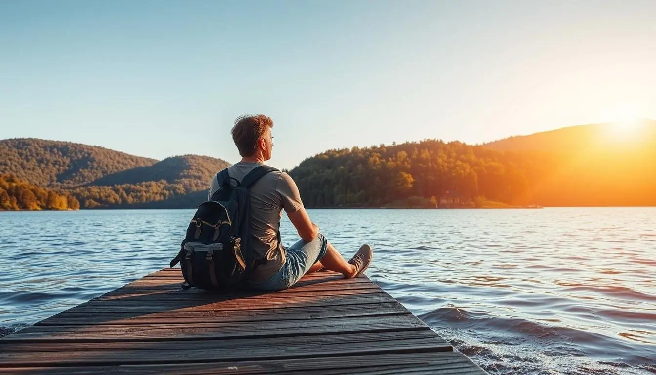 Photo of Individual sitting on a wooden dock by a lake, facing the water during sunset with mountains in the background. | Wander Sober