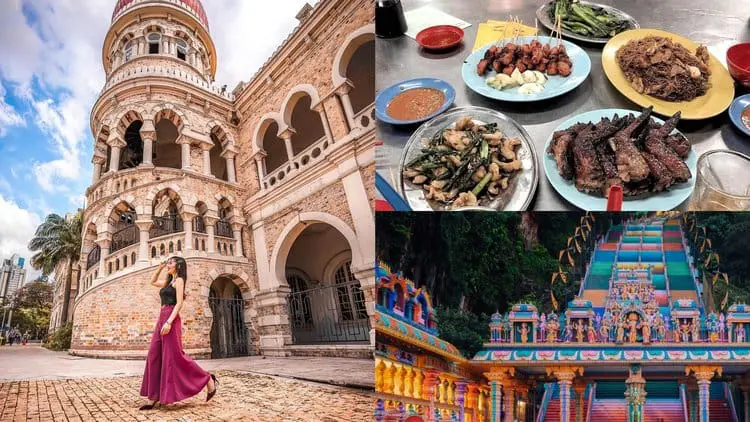 Photo of A woman in a purple dress walking near a historical building, with food dishes and a colorful temple in the background. | Wander Sober