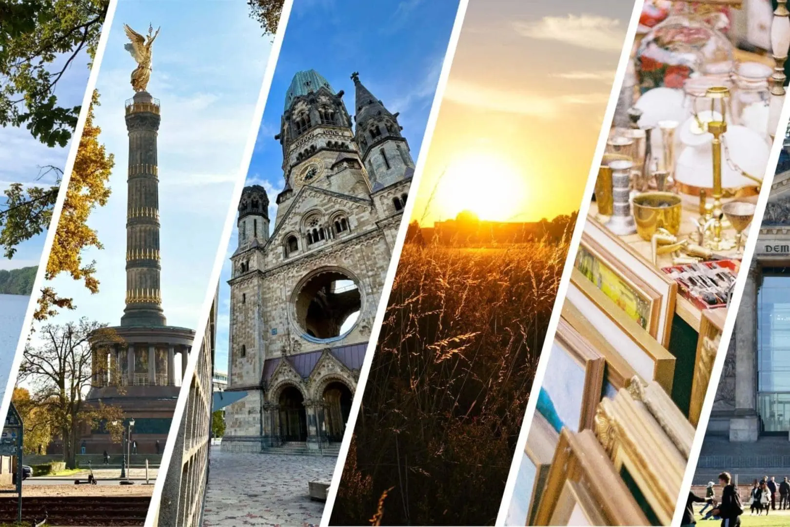 Top 15 Free Things to Do in Berlin: Explore History, Culture, and Nature Without Spending a Dime 1 Photo of A collage featuring a monument, cathedral, sunset, and books in a market setting. | Wander Sober