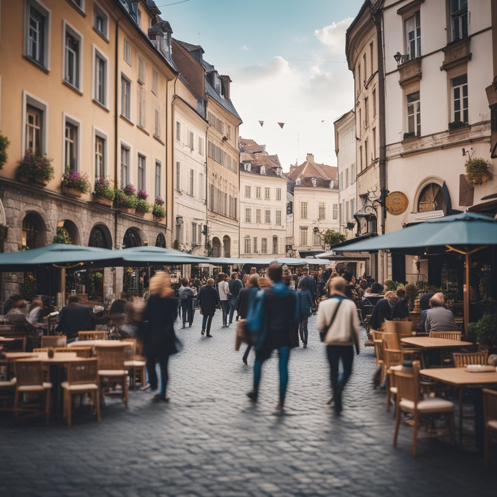 Sover Travel - A bustling European cobblestone street lined with historic buildings welcomes sober travelers. People, embracing morning habits, stroll past outdoor cafés with tables and umbrellas. The scene is lively under a clear sky, exuding a charming urban atmosphere ideal for alcohol-free adventures.