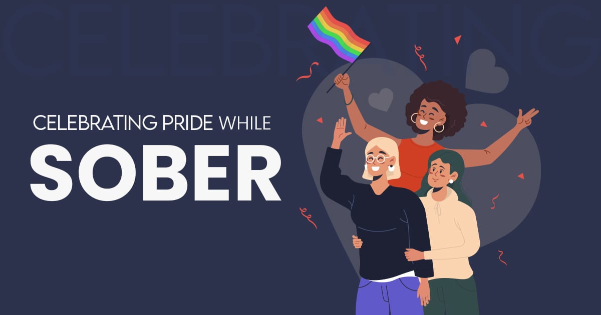Pride festivals worldwide: celebrating LGBTQ+ communities with alcohol-free options that transformed my sober travel experience 6 Sover Travel - A diverse group of three joyful people celebrating Pride. One person waves a rainbow flag, another flashes a peace sign, and the third hugs them from behind. The text reads, Celebrating Pride While Sober. Hearts and confetti surround them.