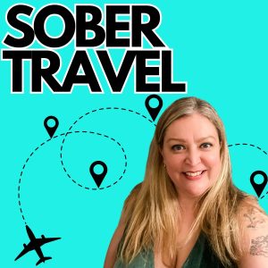 Sover Travel - A smiling woman with long blonde hair and a tattoo on her arm stands before a turquoise backdrop adorned with black travel icons like planes and location pins, embodying the spirit of Sober Travel and adventure.