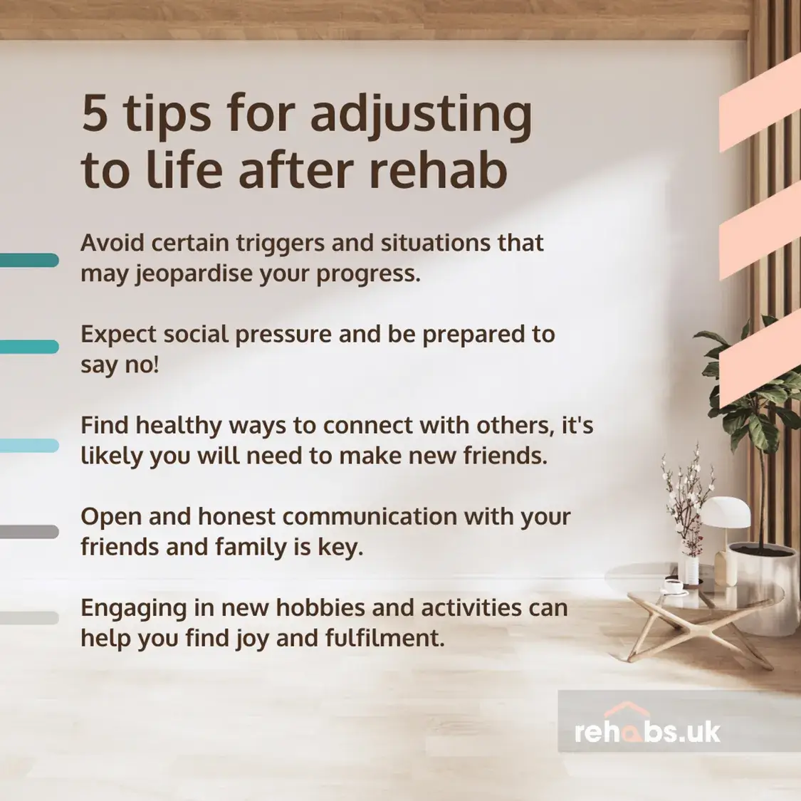 Photo of Graphic listing five tips for adjusting to life after rehab on a neutral background. | Wander Sober
