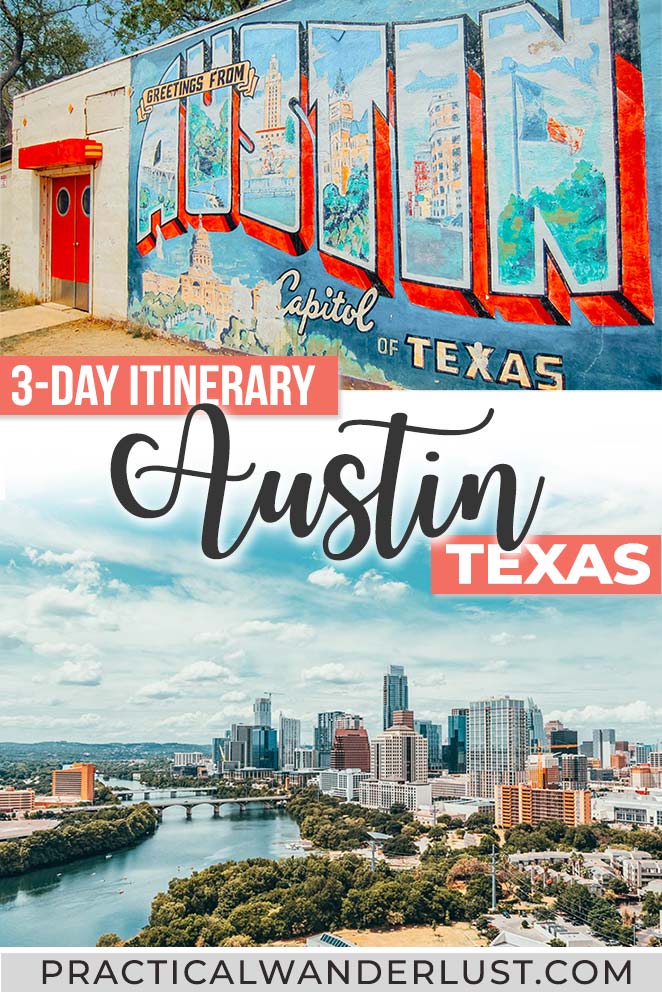 Photo of A mural that says 'Greetings from Austin' alongside a cityscape view of Austin, Texas. | Wander Sober