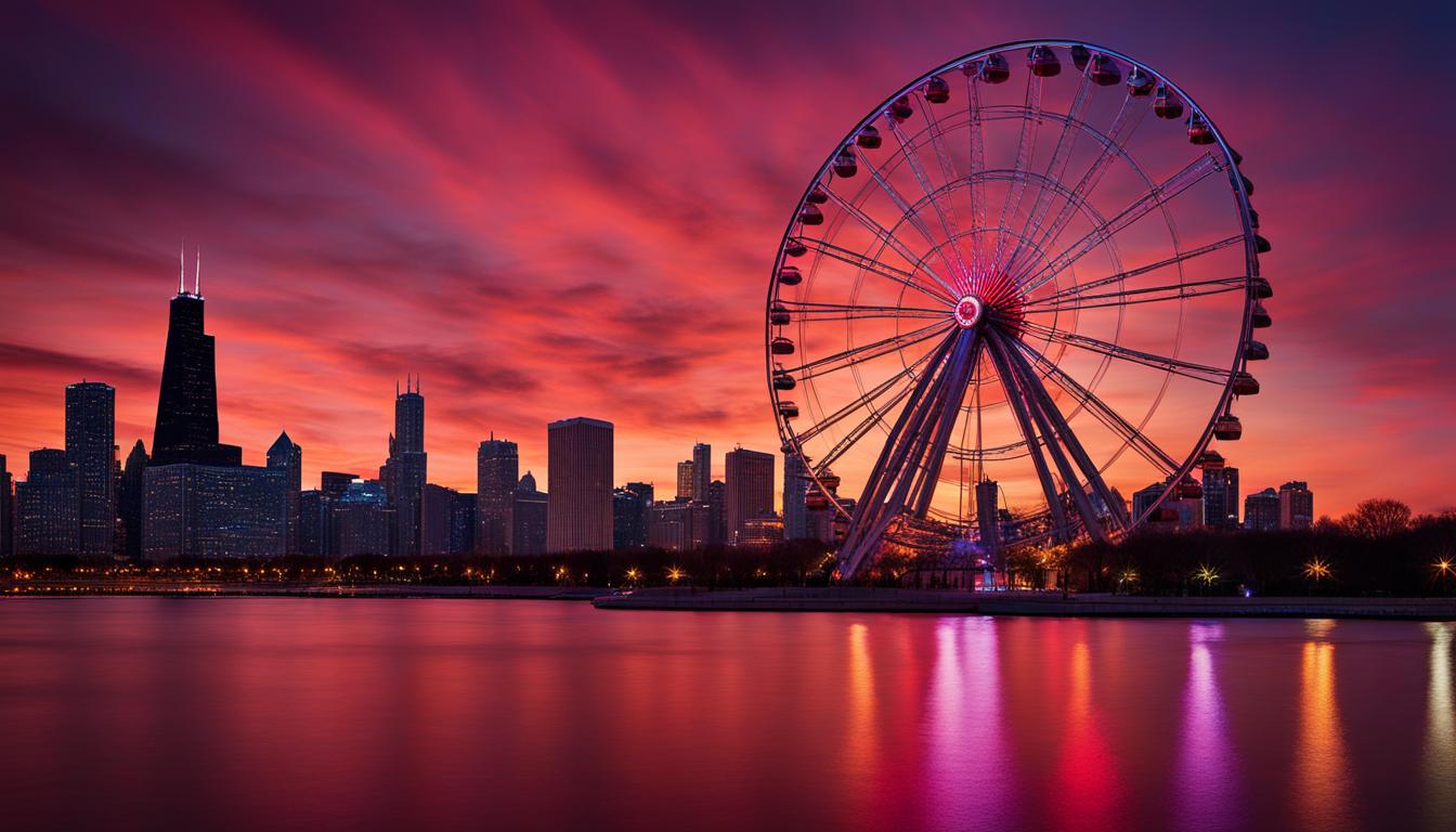 Photo of Ferris wheel illuminated against a colorful sunset sky in Chicago with city skyline in the background. | Wander Sober