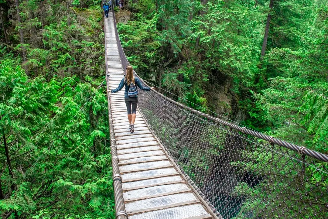 Photo of Person walking on a suspension bridge surrounded by dense green foliage in a forest. | Wander Sober