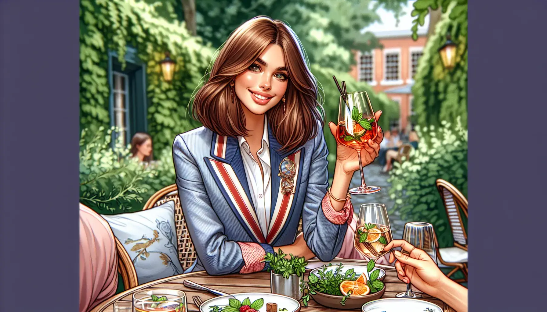 Photo of A woman with shoulder-length hair holding a drink while sitting at a table in a garden setting. | Wander Sober