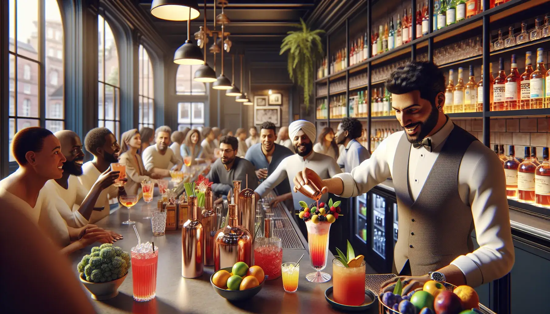Photo of A bartender preparing colorful cocktails at a bar with patrons seated at the counter. | Wander Sober