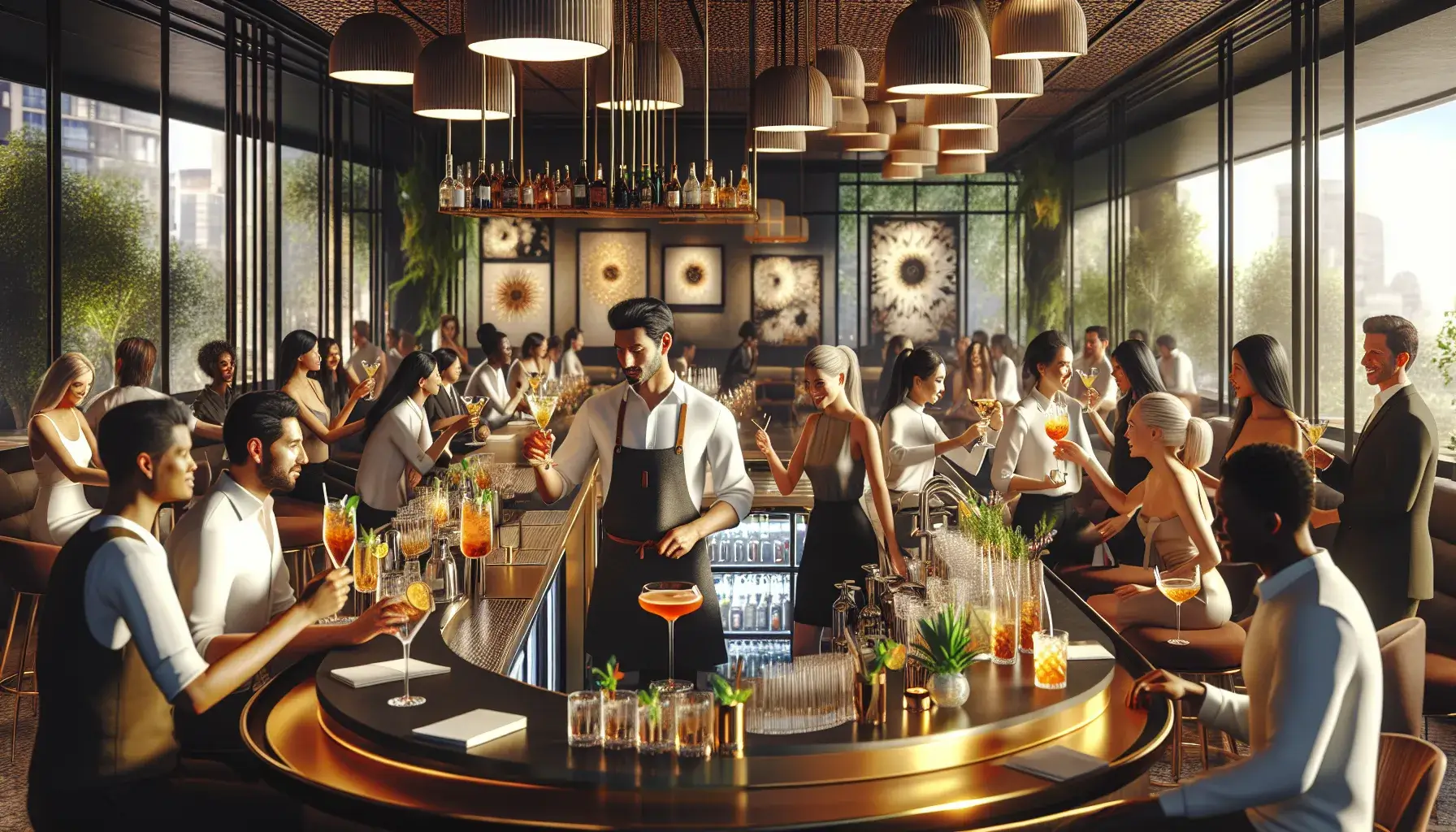 Photo of Interior view of a modern bar with patrons enjoying drinks and bartenders preparing cocktails. | Wander Sober