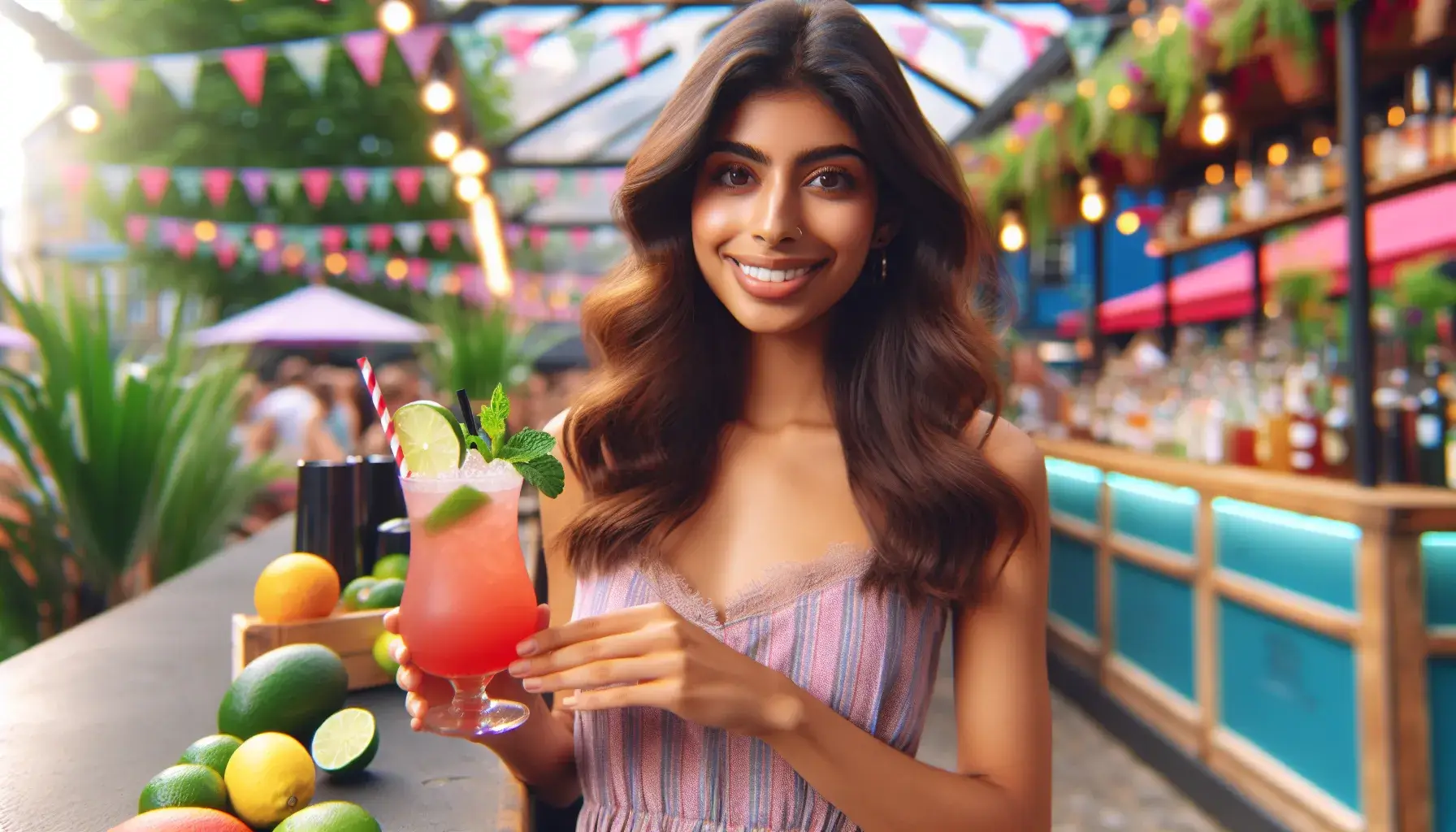 Photo of A woman with long hair smiling while holding a cocktail with mint and a lime slice at a bar. | Wander Sober