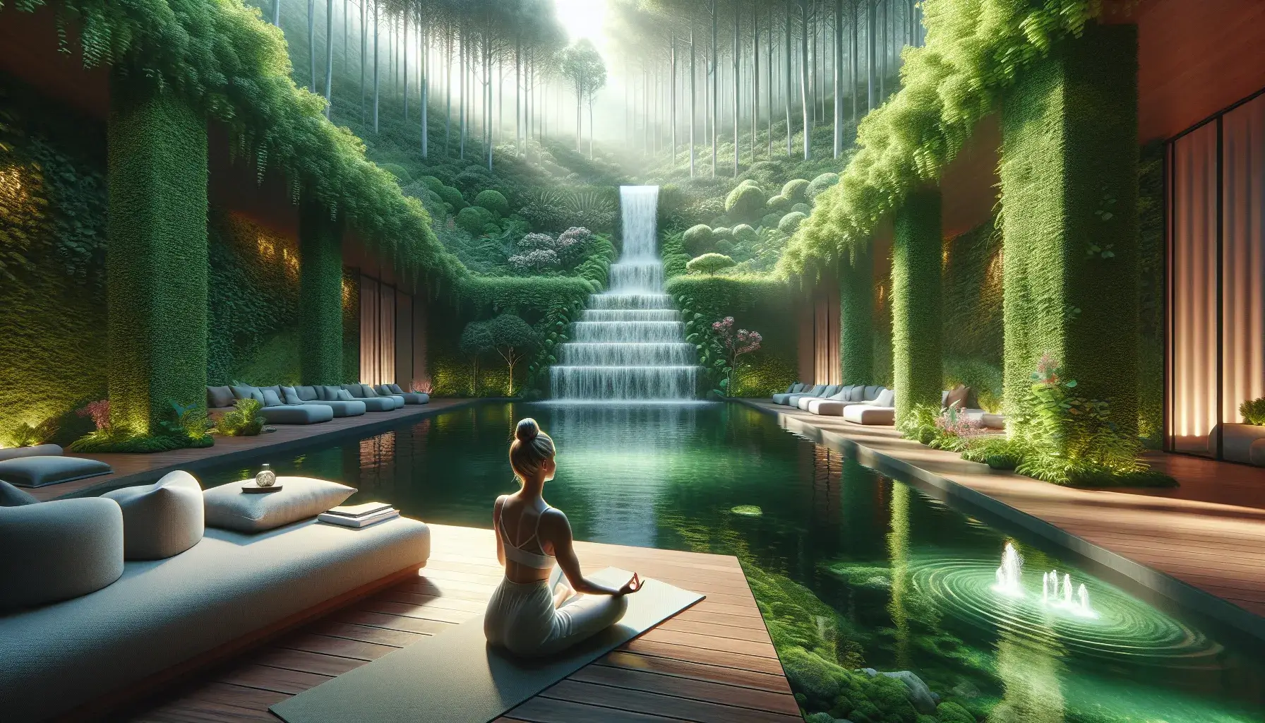 Photo of A serene indoor spa featuring a waterfall, lush greenery, and a person meditating by a pool. | Wander Sober