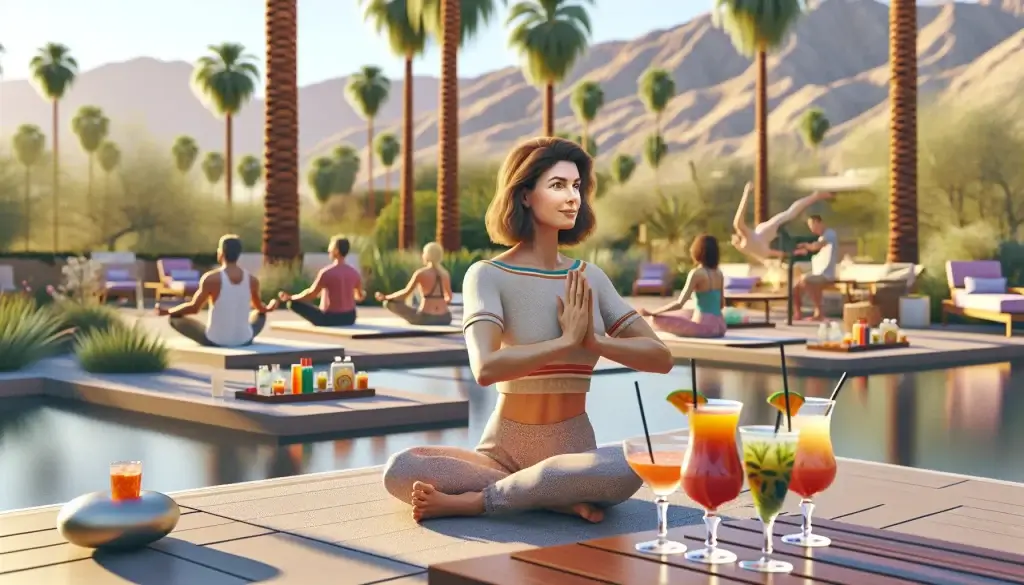 Photo of A woman practicing yoga in a serene poolside setting with palm trees and other participants in the background. | Wander Sober