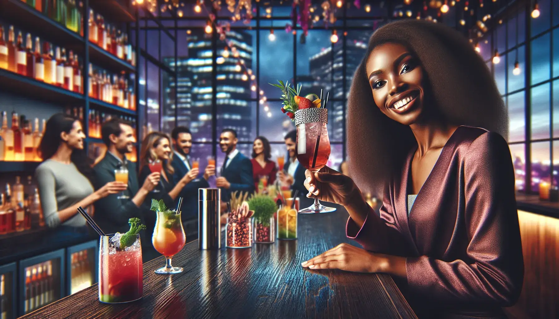 Photo of A woman with curly hair smiling while holding a colorful cocktail at a bar with blurred figures in the background. | Wander Sober