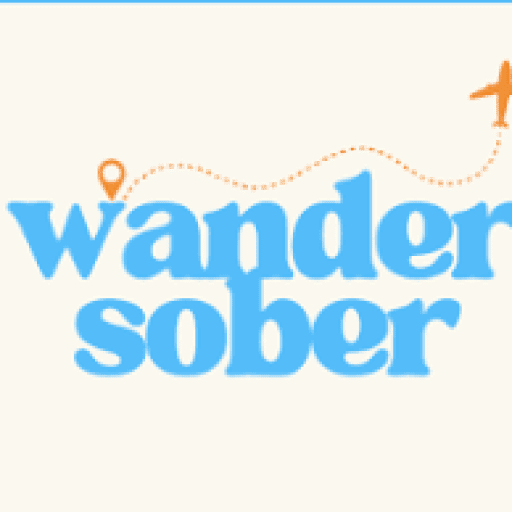 Photo of Logo of Wander Sober featuring the text in blue with an airplane and location pin graphic. | Wander Sober