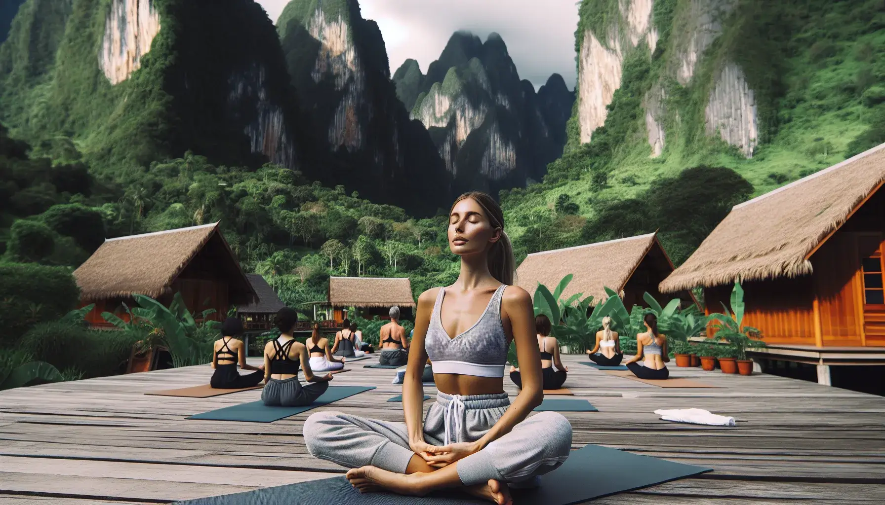 Photo of A woman meditating in a yoga pose with others practicing yoga in the background on a wooden deck surrounded by mountains. | Wander Sober