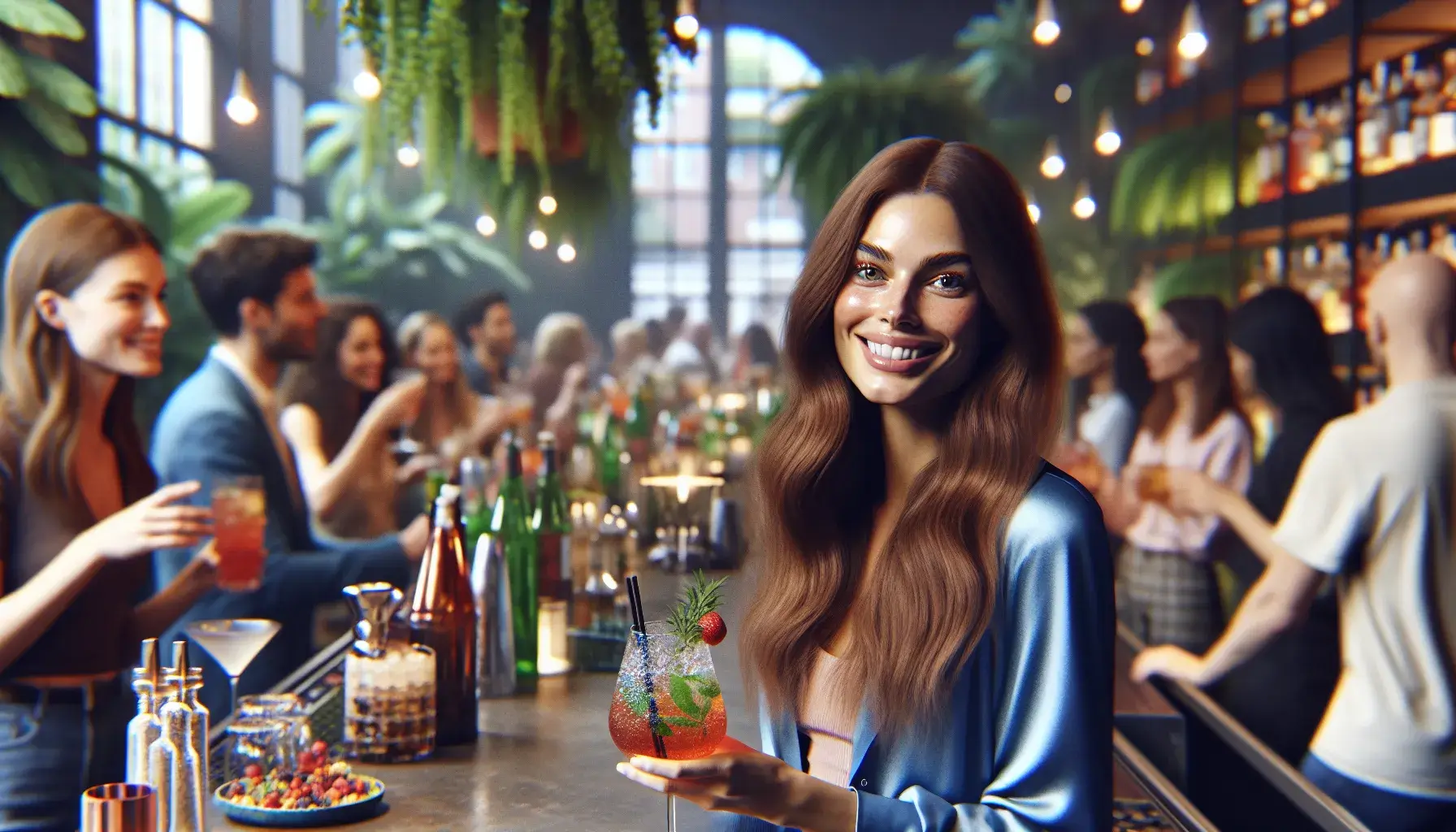 Photo of A woman with long hair holding a cocktail while smiling at a bar with patrons in the background. | Wander Sober