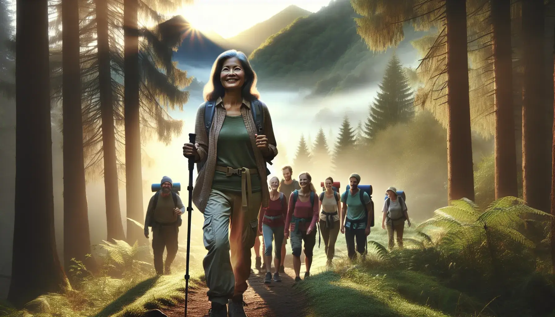 Photo of A group of hikers walking along a forest trail with sunlight filtering through the trees. | Wander Sober