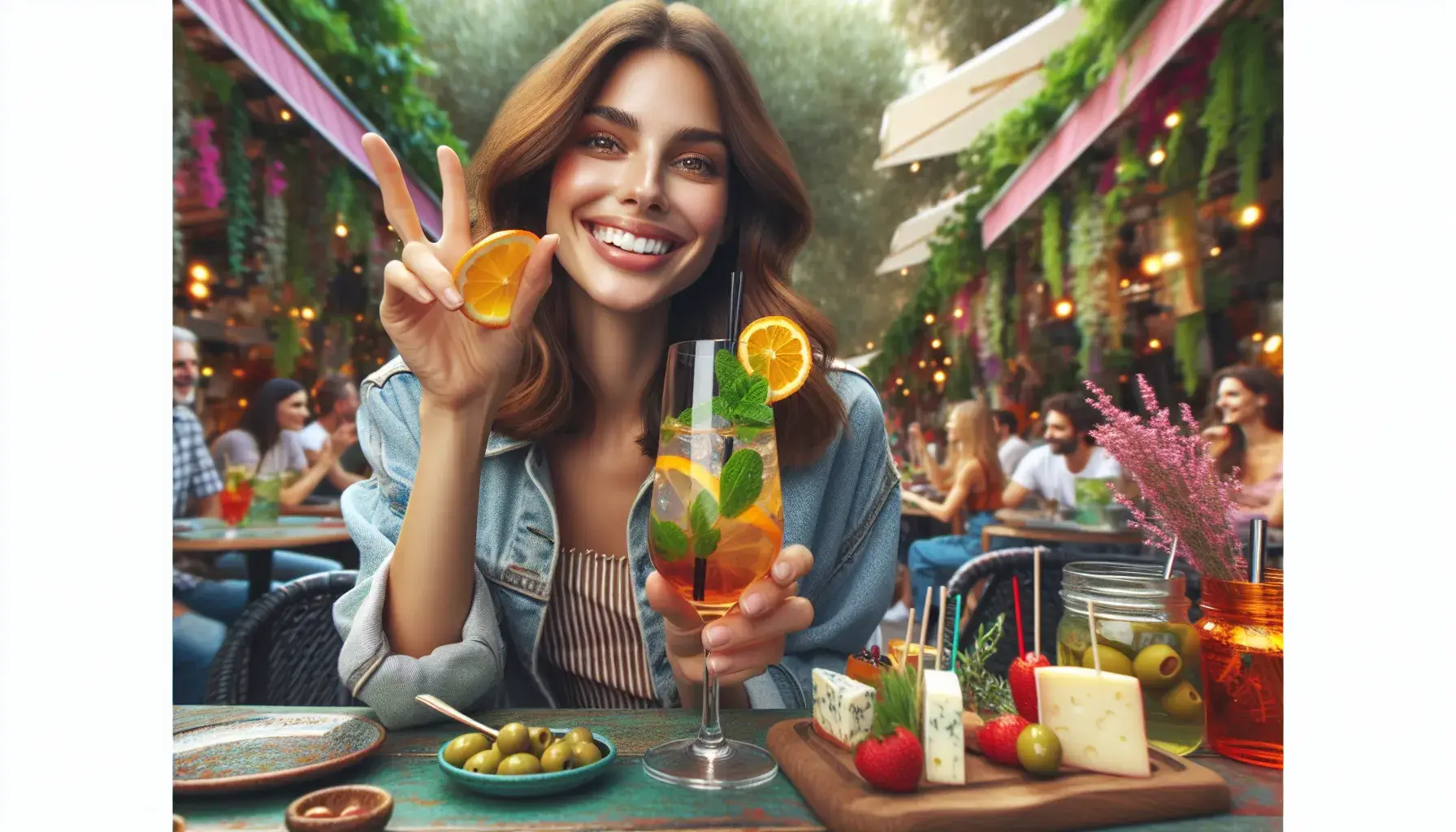Photo of A woman smiling while holding a cocktail garnished with orange slices and mint, with snacks on the table. | Wander Sober
